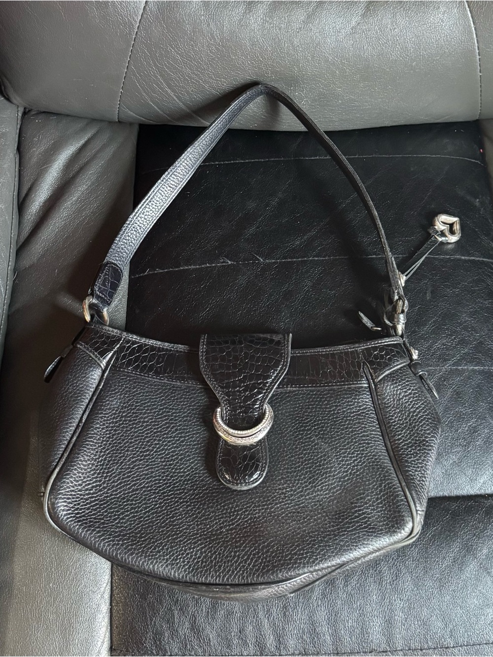 Brighton Black Leather Shoulder Bag with Silver Hardware